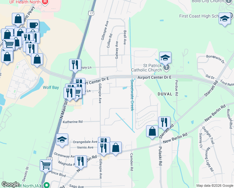 map of restaurants, bars, coffee shops, grocery stores, and more near 13129 Gillespie Avenue in Jacksonville