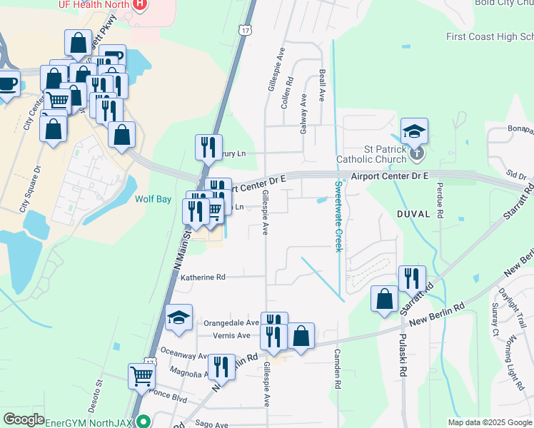 map of restaurants, bars, coffee shops, grocery stores, and more near 13043 Gillespie Avenue in Jacksonville