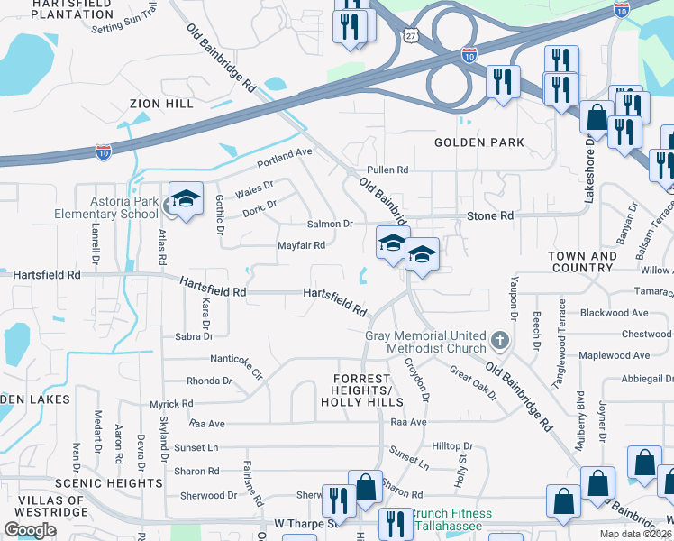 map of restaurants, bars, coffee shops, grocery stores, and more near 1827 Sylvan Court in Tallahassee