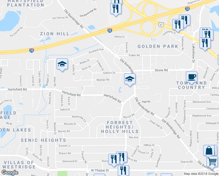 map of restaurants, bars, coffee shops, grocery stores, and more near 1827 Sylvan Court in Tallahassee