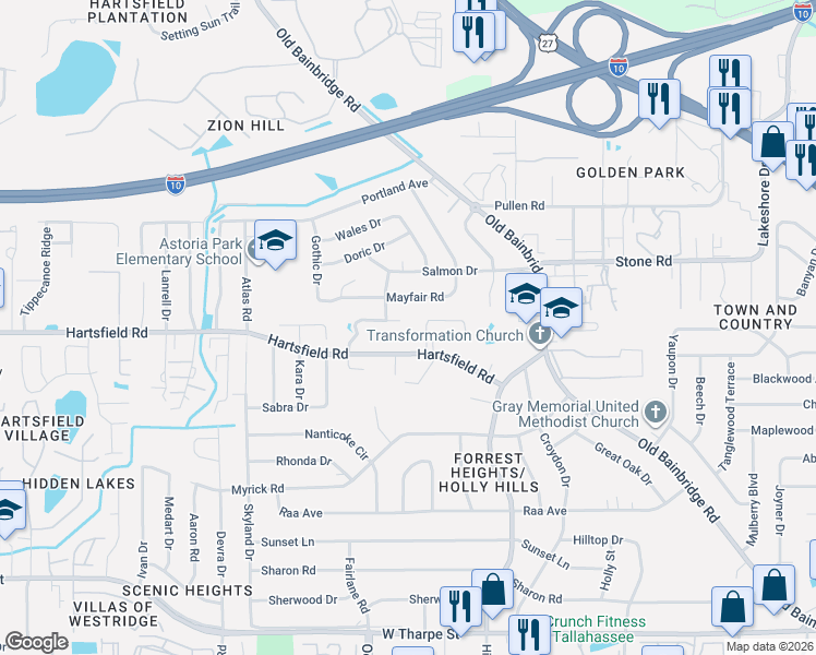 map of restaurants, bars, coffee shops, grocery stores, and more near 1901 Maymeadow Lane in Tallahassee