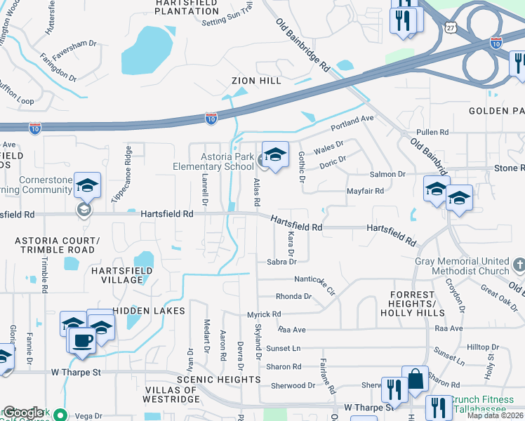 map of restaurants, bars, coffee shops, grocery stores, and more near 1908-1922 Hartsfield Road in Tallahassee