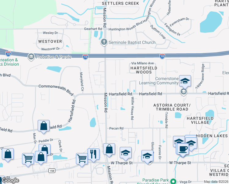 map of restaurants, bars, coffee shops, grocery stores, and more near 2780 Hartsfield Road in Tallahassee