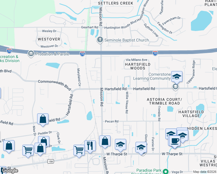 map of restaurants, bars, coffee shops, grocery stores, and more near 2780 Hartsfield Road in Tallahassee