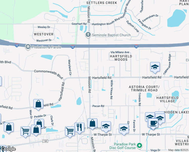 map of restaurants, bars, coffee shops, grocery stores, and more near 2780 Hartsfield Road in Tallahassee