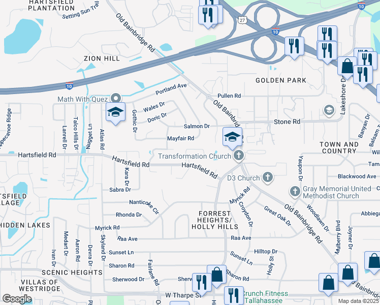 map of restaurants, bars, coffee shops, grocery stores, and more near 1833 Sylvan Court in Tallahassee