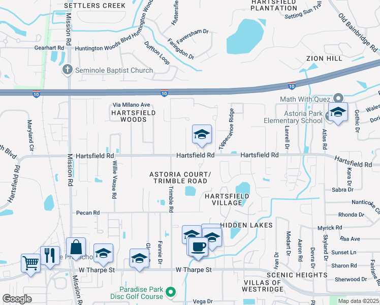 map of restaurants, bars, coffee shops, grocery stores, and more near 2301 Astoria Court in Tallahassee