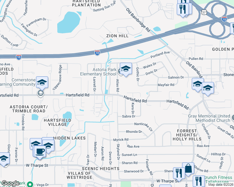 map of restaurants, bars, coffee shops, grocery stores, and more near 1908 Hartsfield Road in Tallahassee