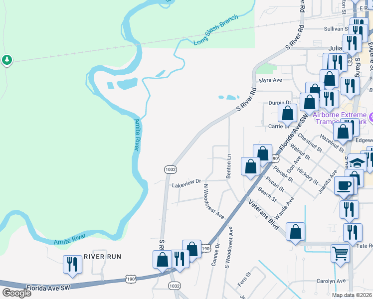 map of restaurants, bars, coffee shops, grocery stores, and more near 969 South River Road in Denham Springs