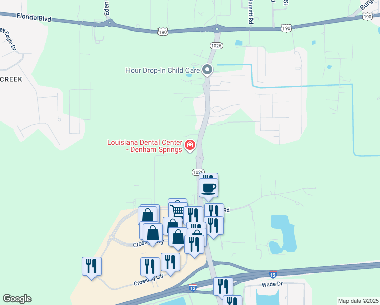 map of restaurants, bars, coffee shops, grocery stores, and more near 27949 Juban Road in Denham Springs