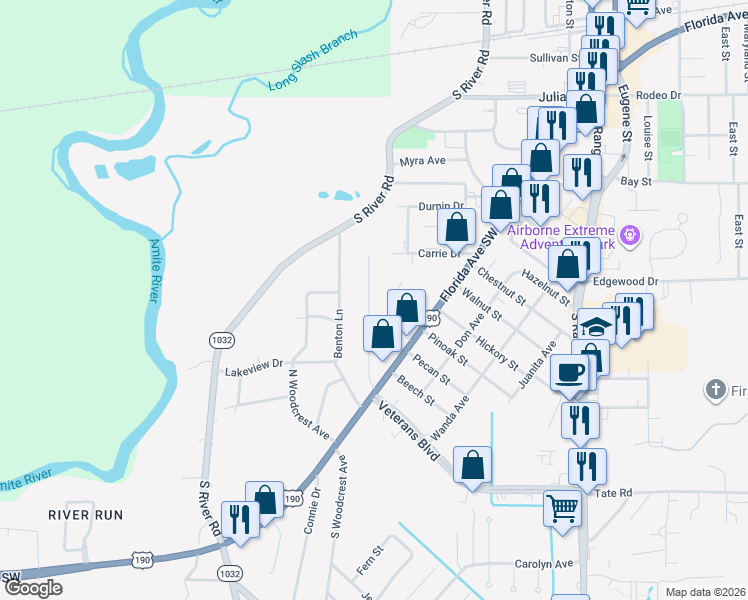 map of restaurants, bars, coffee shops, grocery stores, and more near 1225 Kline Street in Denham Springs