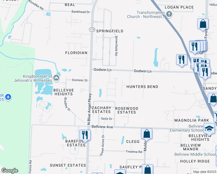 map of restaurants, bars, coffee shops, grocery stores, and more near 3565 Godwin Lane in Bellview