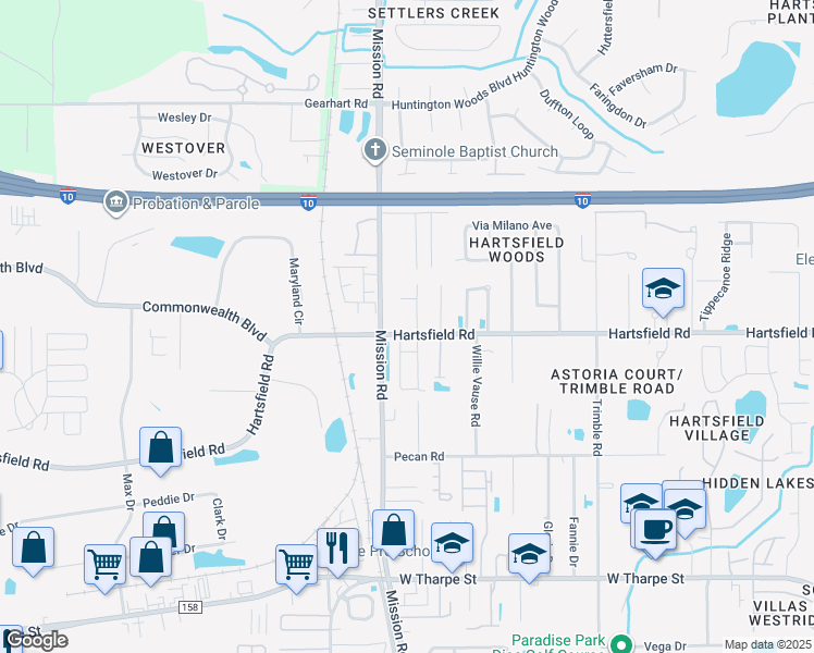 map of restaurants, bars, coffee shops, grocery stores, and more near 2780 Hartsfield Road in Tallahassee
