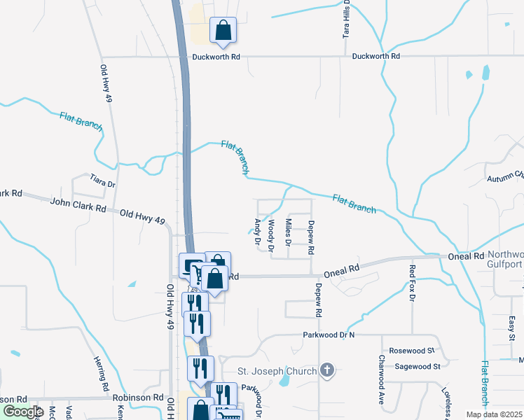 map of restaurants, bars, coffee shops, grocery stores, and more near 15460 Woody Drive in Gulfport