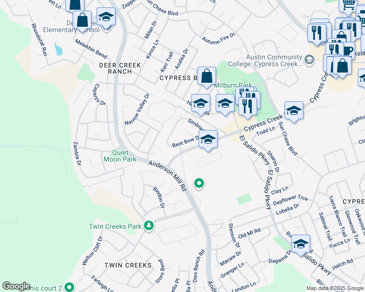 map of restaurants, bars, coffee shops, grocery stores, and more near 2220 Bent Bow Drive in Cedar Park