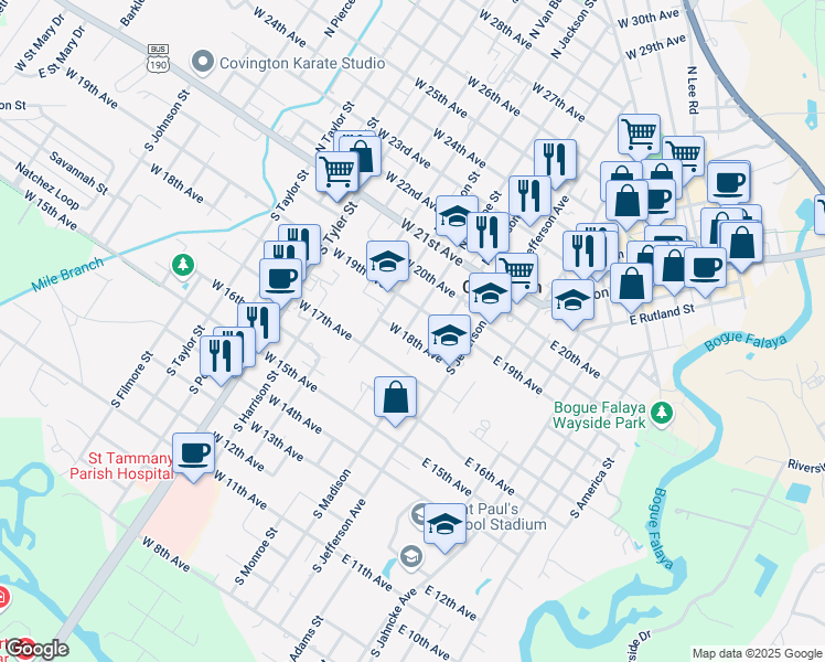map of restaurants, bars, coffee shops, grocery stores, and more near 304 West 18th Avenue in Covington