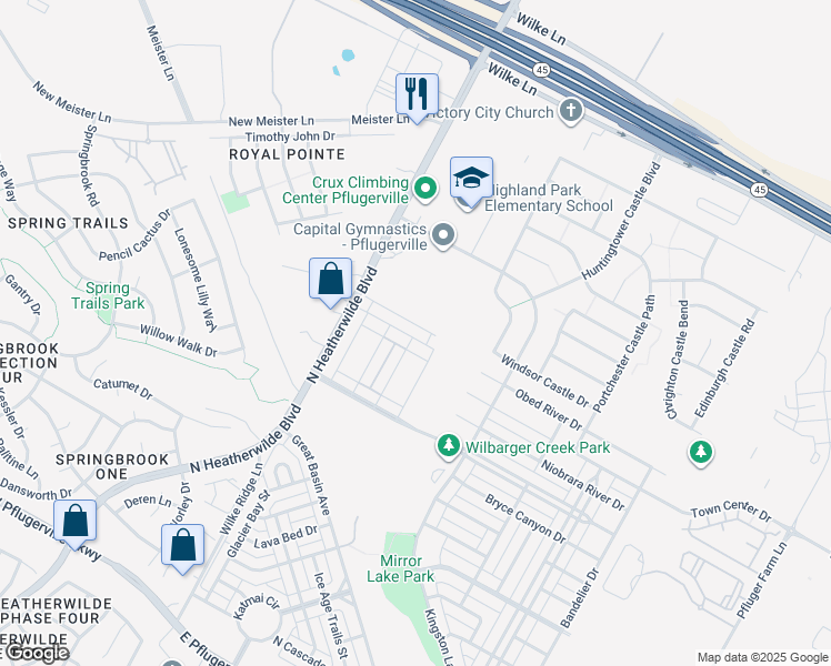 map of restaurants, bars, coffee shops, grocery stores, and more near 320 Cane River Road in Pflugerville