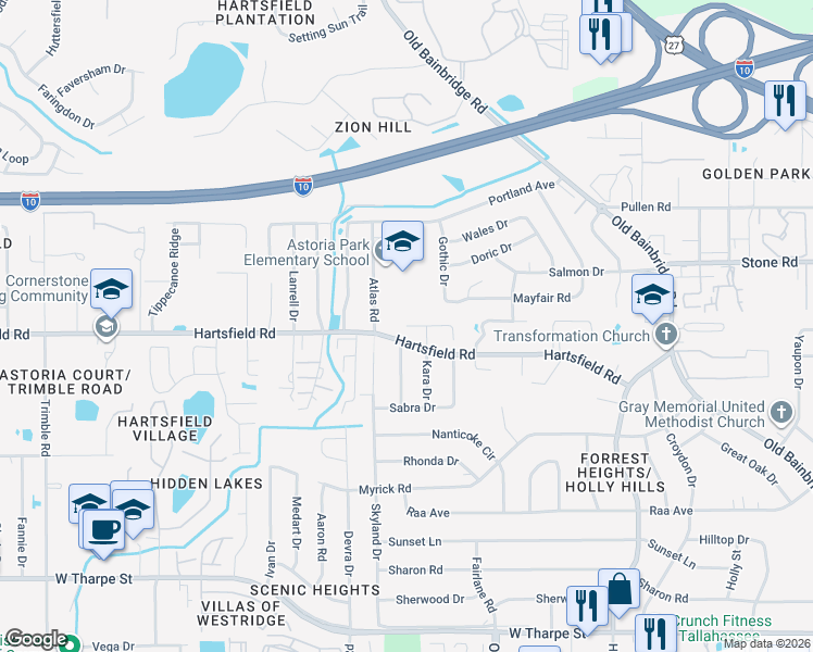 map of restaurants, bars, coffee shops, grocery stores, and more near 2498 Hideaway Court in Tallahassee