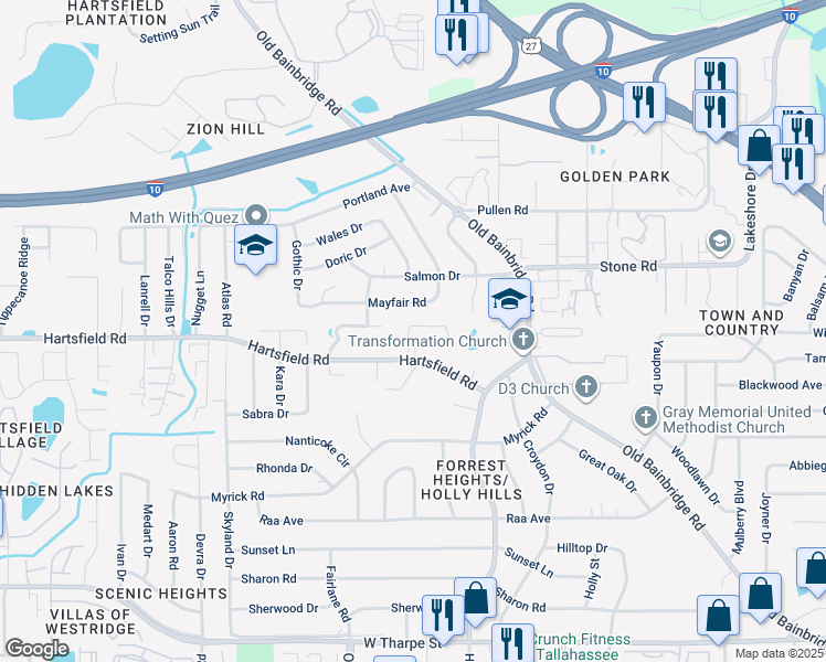 map of restaurants, bars, coffee shops, grocery stores, and more near 1845 Sylvan Court in Tallahassee