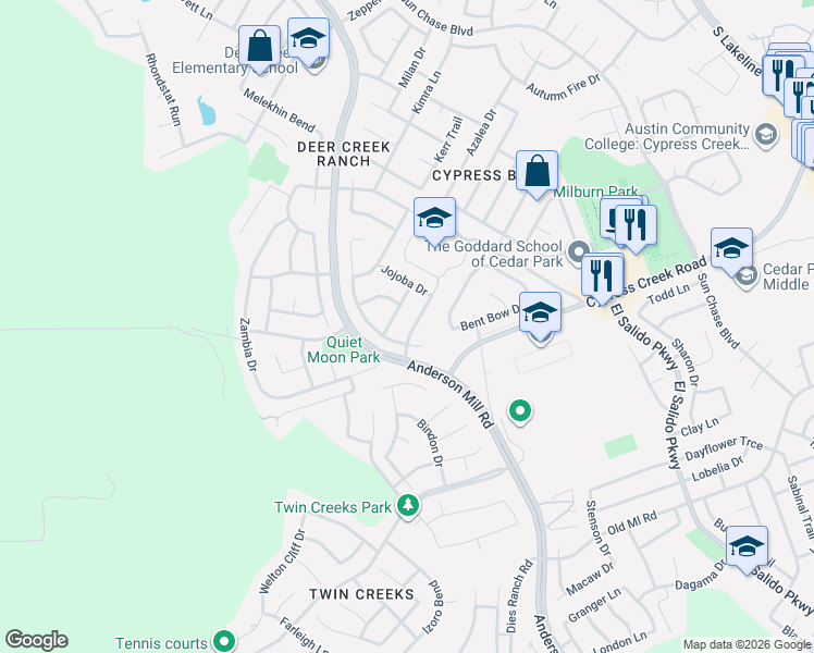 map of restaurants, bars, coffee shops, grocery stores, and more near 2419 Drifting Leaf Dr in Cedar Park