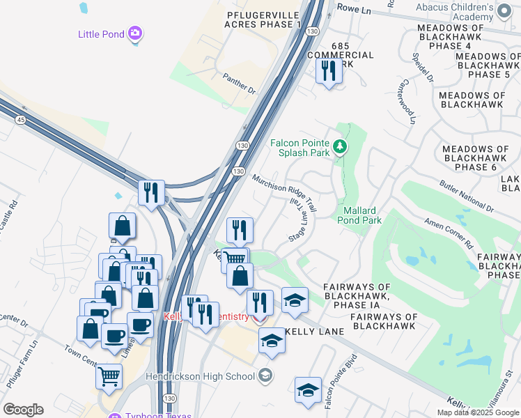 map of restaurants, bars, coffee shops, grocery stores, and more near 1719 Gypsum Court in Pflugerville