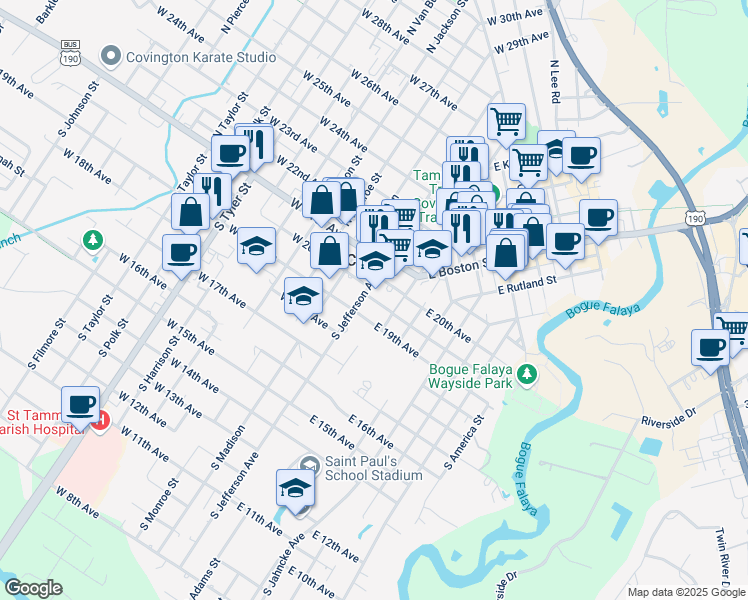 map of restaurants, bars, coffee shops, grocery stores, and more near 130 East Temperance Street in Covington