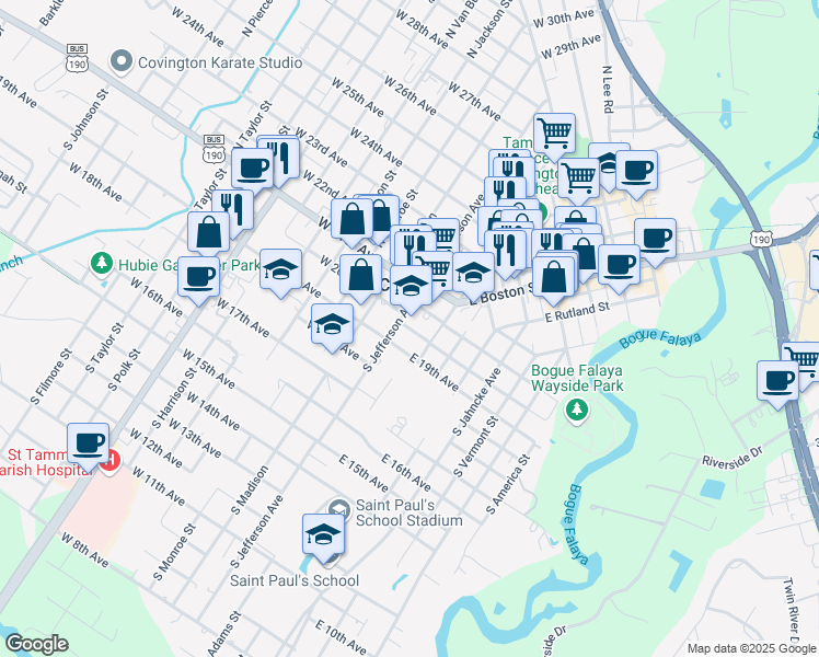 map of restaurants, bars, coffee shops, grocery stores, and more near 130 East Temperance Street in Covington