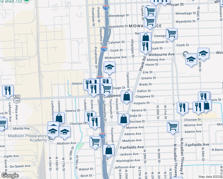 map of restaurants, bars, coffee shops, grocery stores, and more near 2860 Tecumseh Street in Baton Rouge