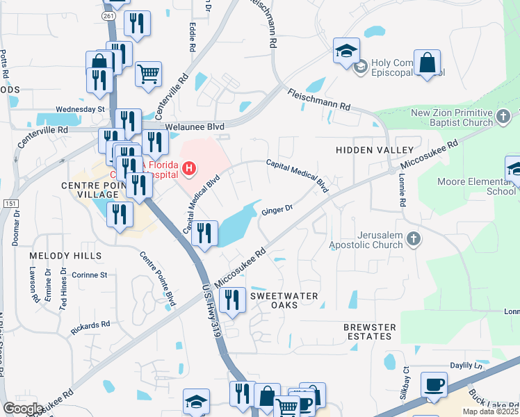 map of restaurants, bars, coffee shops, grocery stores, and more near 3194 Ginger Drive in Tallahassee