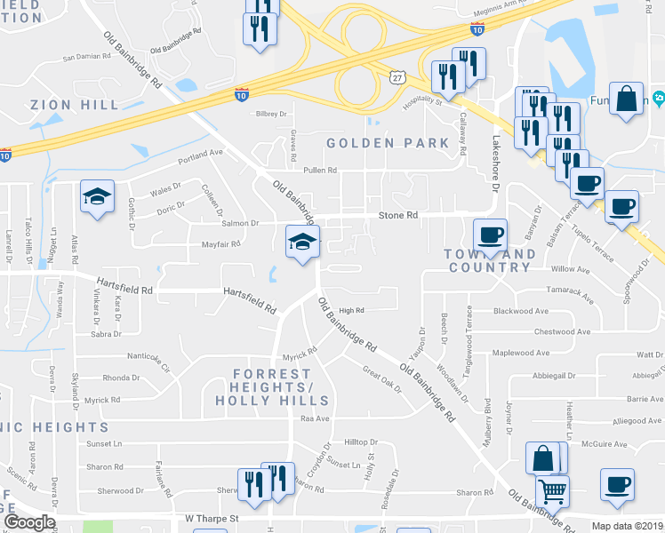 map of restaurants, bars, coffee shops, grocery stores, and more near 2309 Old Bainbridge Road in Tallahassee