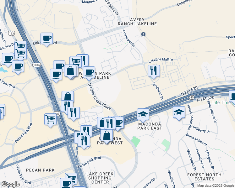 map of restaurants, bars, coffee shops, grocery stores, and more near 13500 Lyndhurst Street in Austin