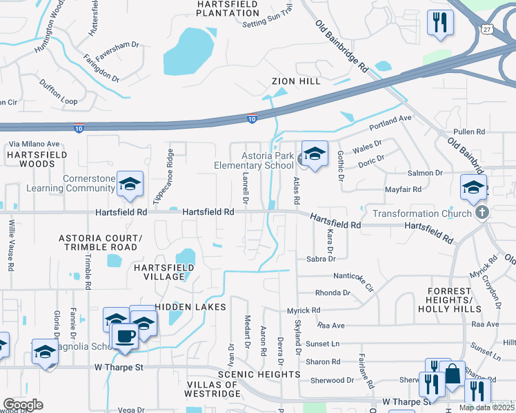 map of restaurants, bars, coffee shops, grocery stores, and more near 2402 Talco Hills Drive in Tallahassee