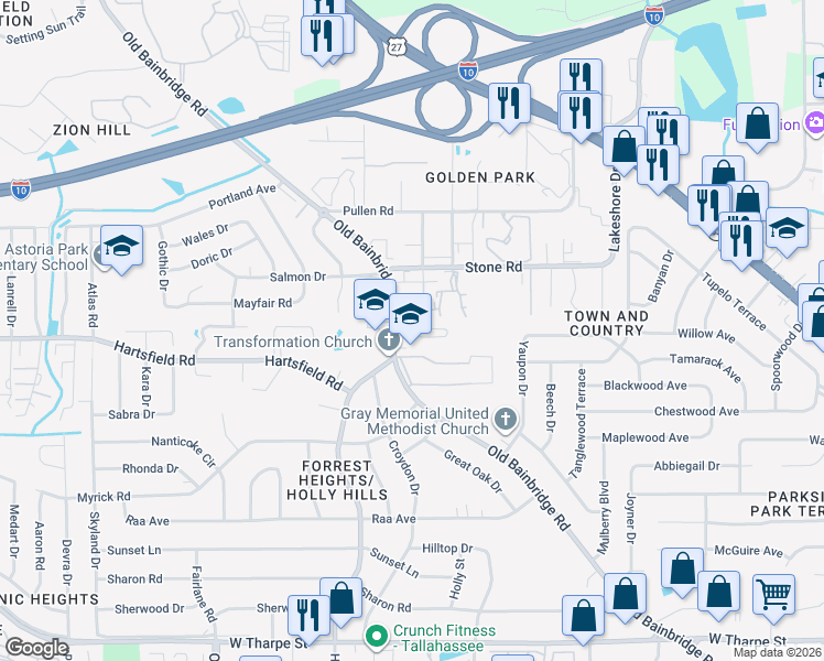 map of restaurants, bars, coffee shops, grocery stores, and more near 2309 Old Bainbridge Road in Tallahassee