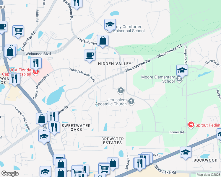 map of restaurants, bars, coffee shops, grocery stores, and more near 1783 Dax Court in Tallahassee
