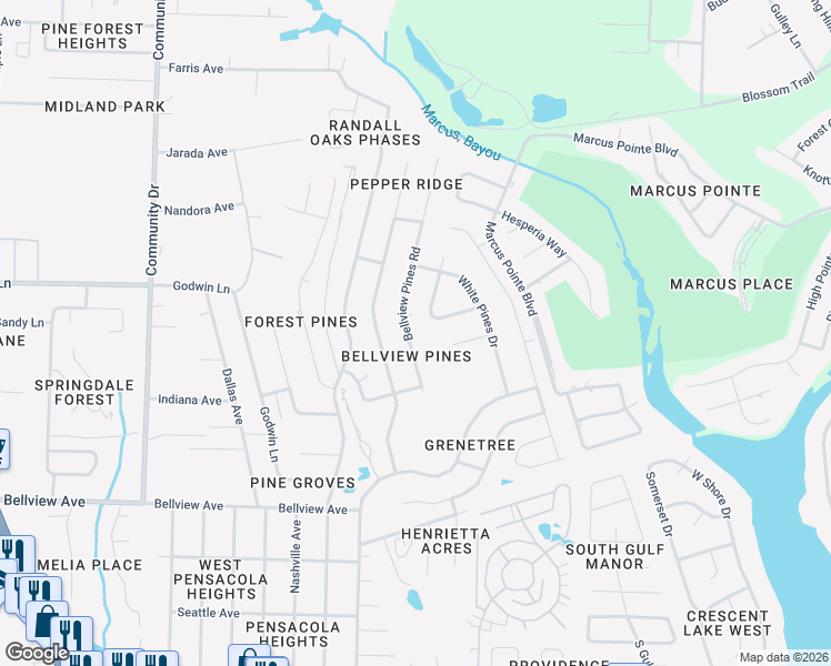 map of restaurants, bars, coffee shops, grocery stores, and more near 6544 Bellview Pines Road in Pensacola