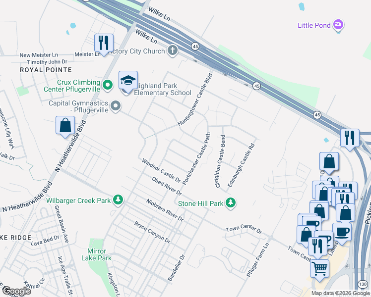 map of restaurants, bars, coffee shops, grocery stores, and more near 901 Rochester Castle Way in Pflugerville