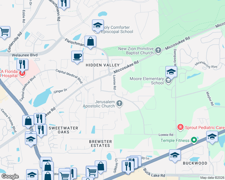 map of restaurants, bars, coffee shops, grocery stores, and more near 3498 Torchmark Lane in Tallahassee