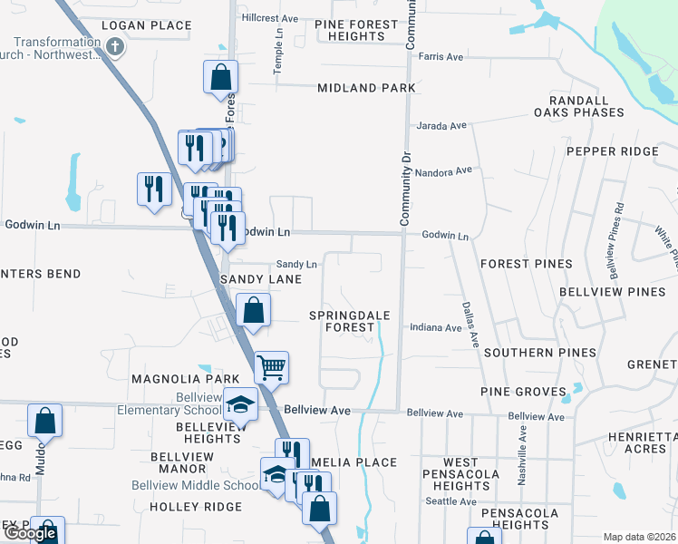map of restaurants, bars, coffee shops, grocery stores, and more near 1412 Kirby Court in Pensacola