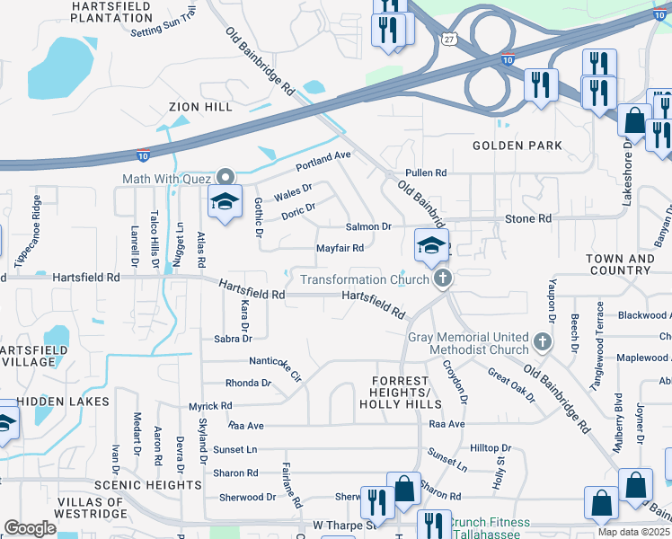 map of restaurants, bars, coffee shops, grocery stores, and more near 1901 Maymeadow Lane in Tallahassee