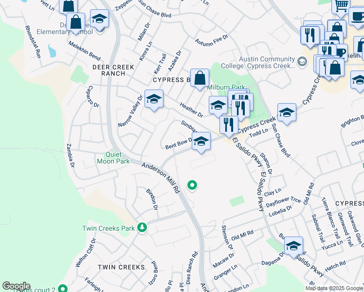map of restaurants, bars, coffee shops, grocery stores, and more near 2206 Bent Bow Drive in Cedar Park