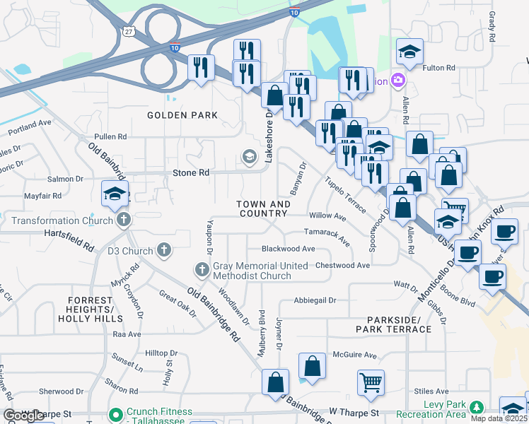map of restaurants, bars, coffee shops, grocery stores, and more near 928 Redbud Avenue in Tallahassee