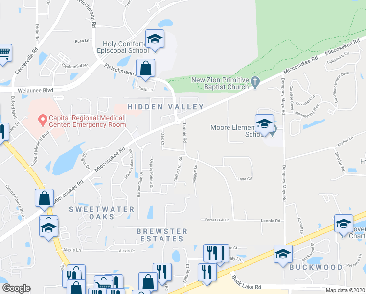 map of restaurants, bars, coffee shops, grocery stores, and more near 3498 Torchmark Lane in Tallahassee