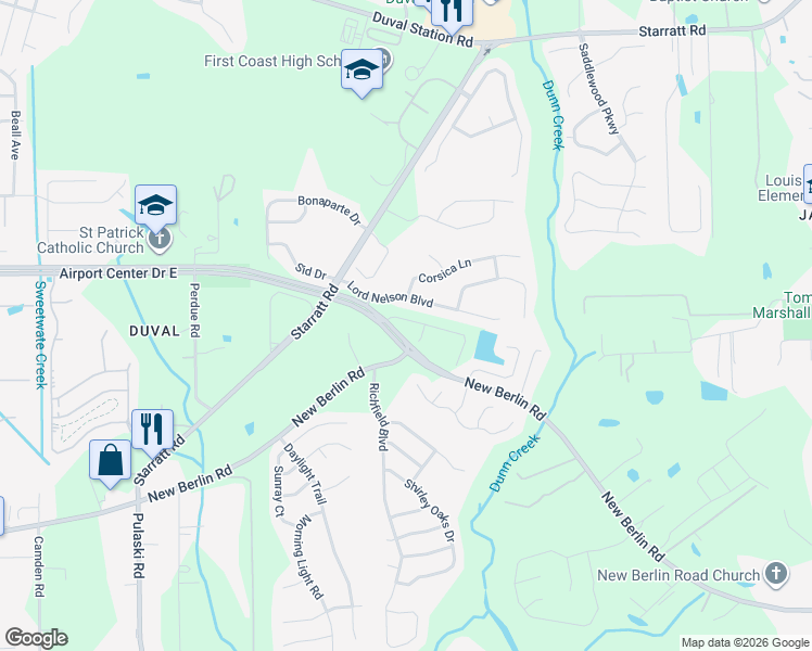 map of restaurants, bars, coffee shops, grocery stores, and more near 830 Observatory Parkway in Jacksonville