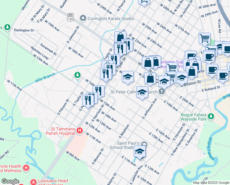 map of restaurants, bars, coffee shops, grocery stores, and more near 525 West 17th Avenue in Covington