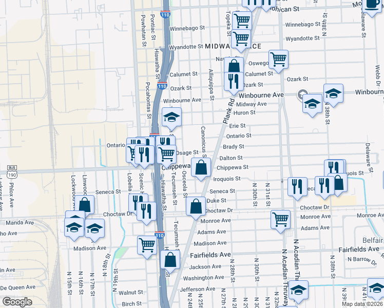 map of restaurants, bars, coffee shops, grocery stores, and more near 2494 Osage Street in Baton Rouge