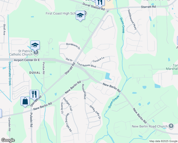 map of restaurants, bars, coffee shops, grocery stores, and more near 830 Observatory Parkway in Jacksonville