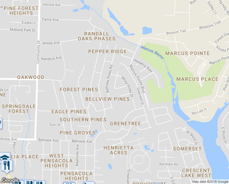 map of restaurants, bars, coffee shops, grocery stores, and more near 6637 Black Oak Place in Pensacola