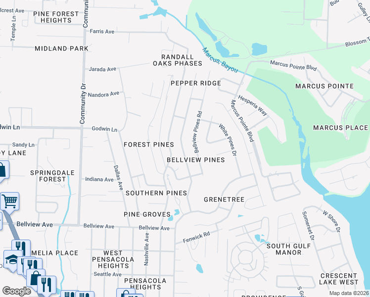 map of restaurants, bars, coffee shops, grocery stores, and more near 6548 Bellview Pines Place in Pensacola