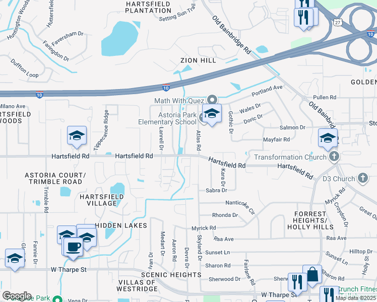 map of restaurants, bars, coffee shops, grocery stores, and more near 2401 Nugget Lane in Tallahassee