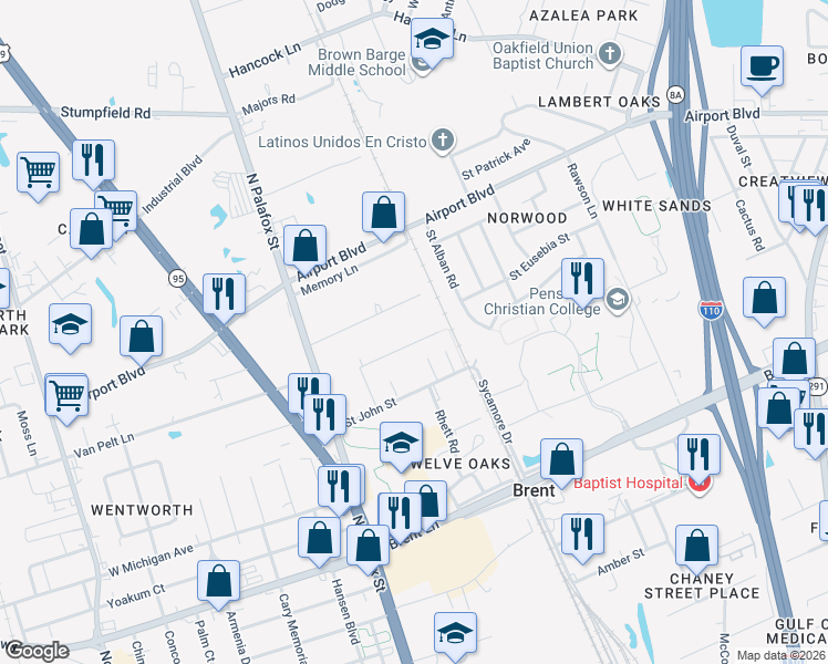 map of restaurants, bars, coffee shops, grocery stores, and more near 138 Cummings Road in Pensacola